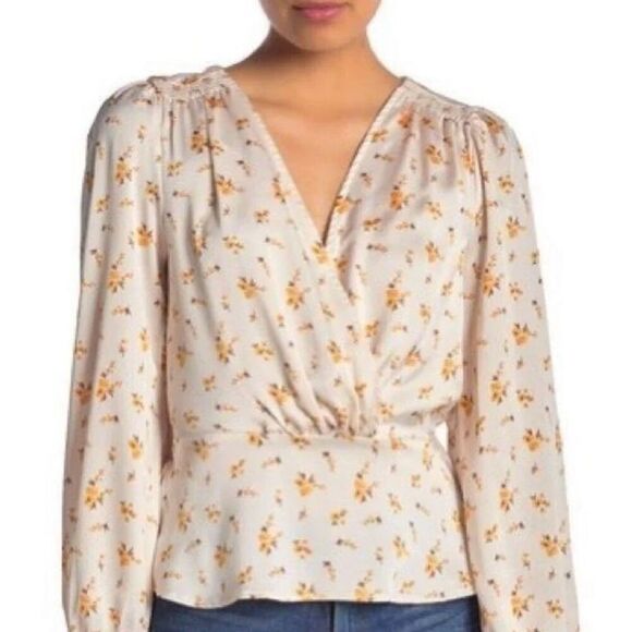 LUSH Floral Surplice Peplum Long Sleeve Blouse (Cream) - Small - Picture 1 of 11